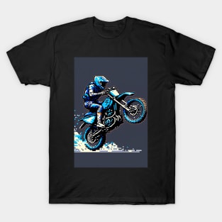 Dirt bike sweet wheelie - pixel art style blue and tan T-Shirt